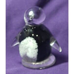 Vintage Blown Art Glass Chubby Penguin Figure Paperweight Clear Black White 2.25